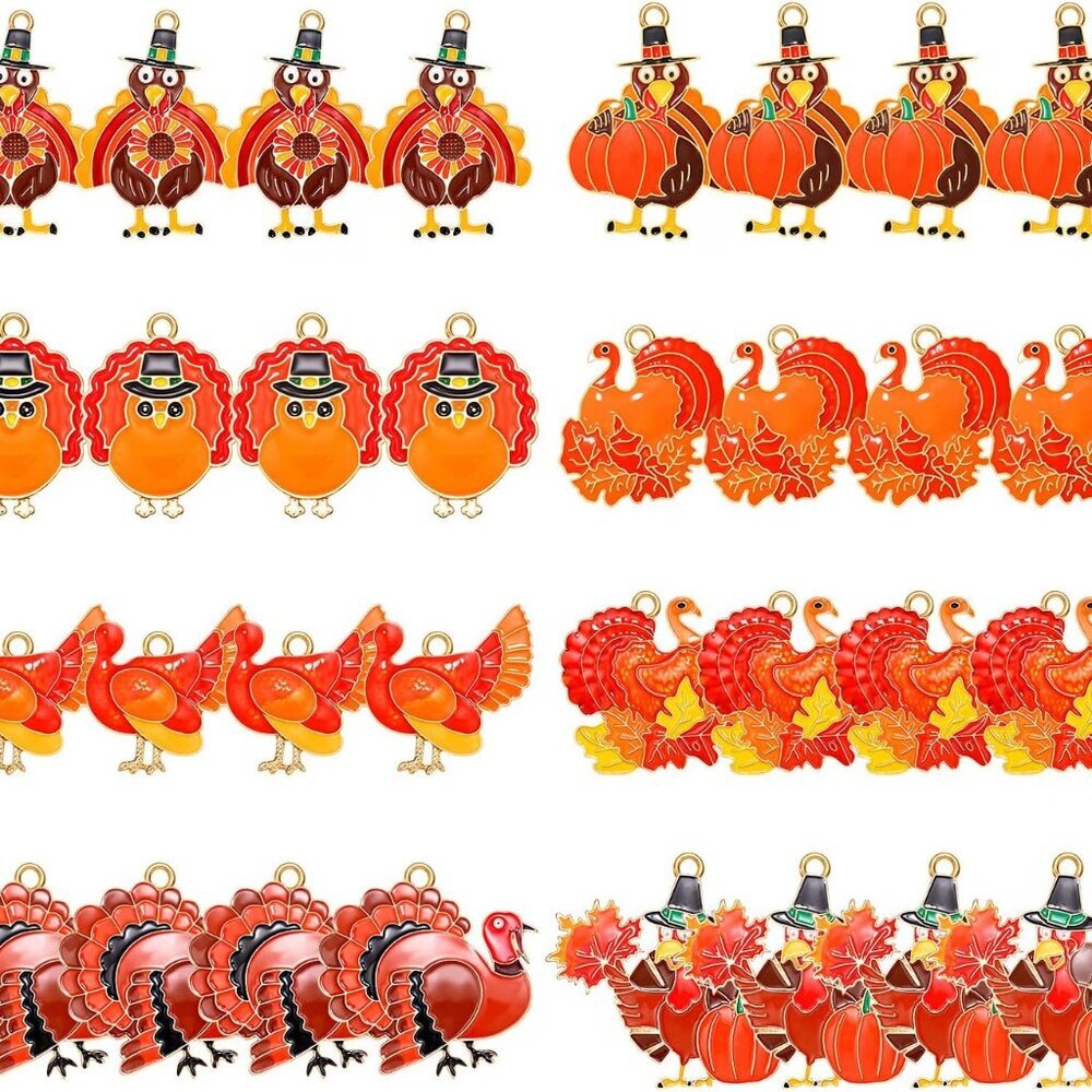 32PCS Fall Charms for Jewelry Making, Thanksgiving Enamel Charms Pumpkin Turkey